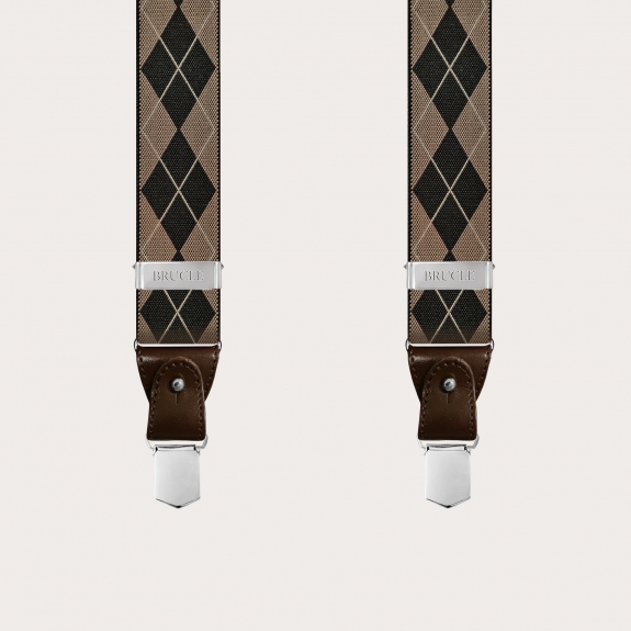 Y-shape elastic suspenders, brown check pattern