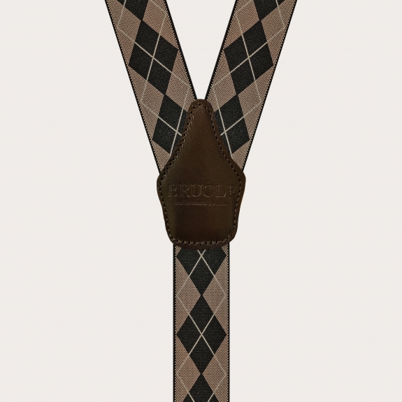 Y-shape elastic suspenders, brown check pattern
