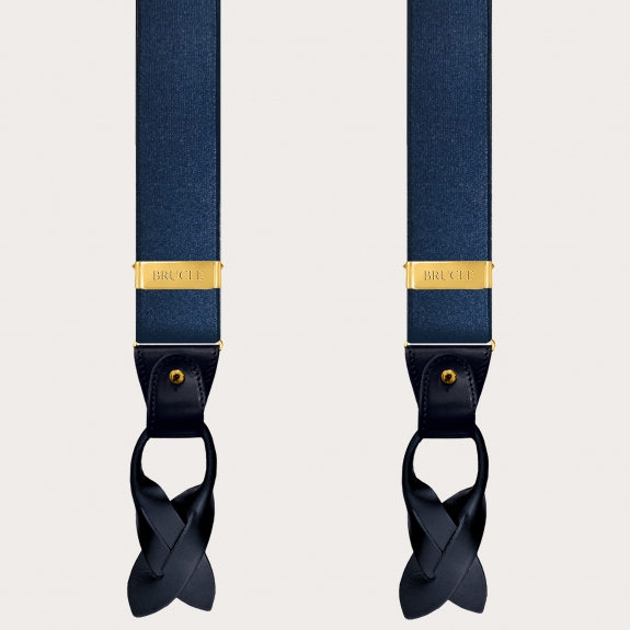Formal Y-shape elastic suspenders, satin blue and gold