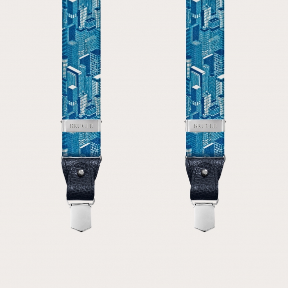 Y-shape elastic suspenders, blue skyscrapers