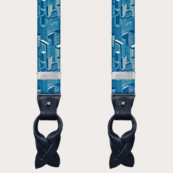Bretelles homme motif de gratte-ciel bleu, avec clip ou boutonnière