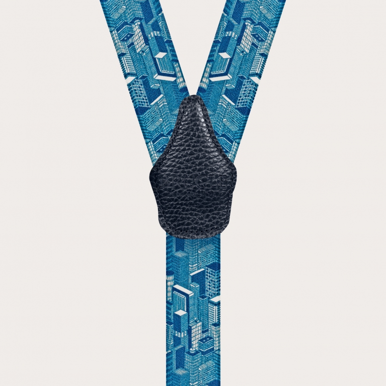 Double use suspenders with blue skyscrapers pattern