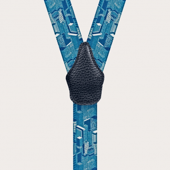 Bretelles homme motif de gratte-ciel bleu, avec clip ou boutonnière