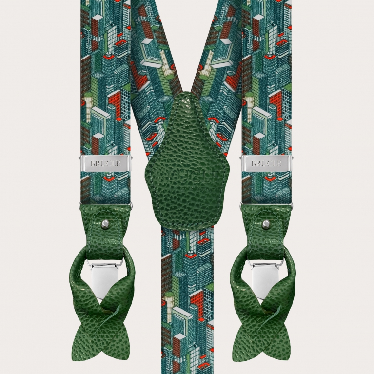 Bretelles homme motif de gratte-ciel vert, avec clip ou boutonnière