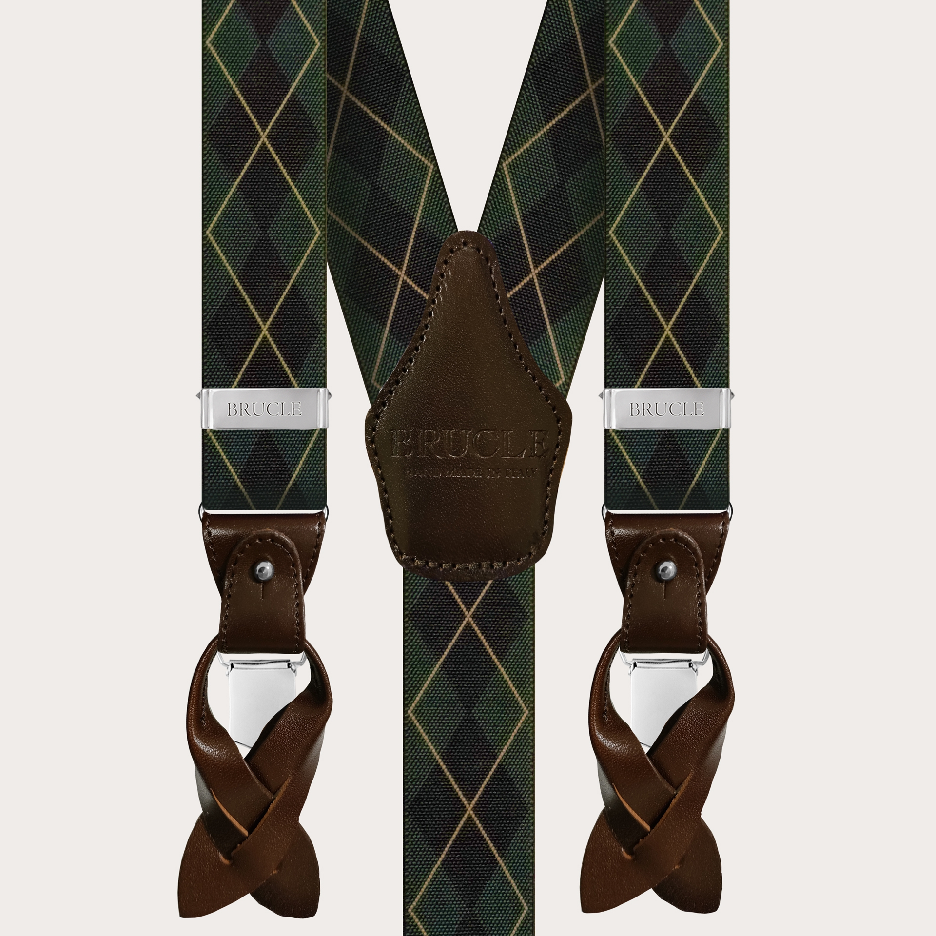 Y-shape elastic suspenders, dark green check pattern