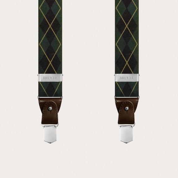 Y-shape elastic suspenders, dark green check pattern