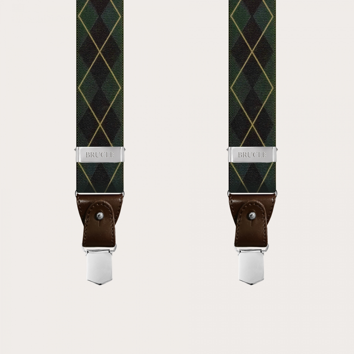 BRUCLE Elastic suspenders with green checked pattern