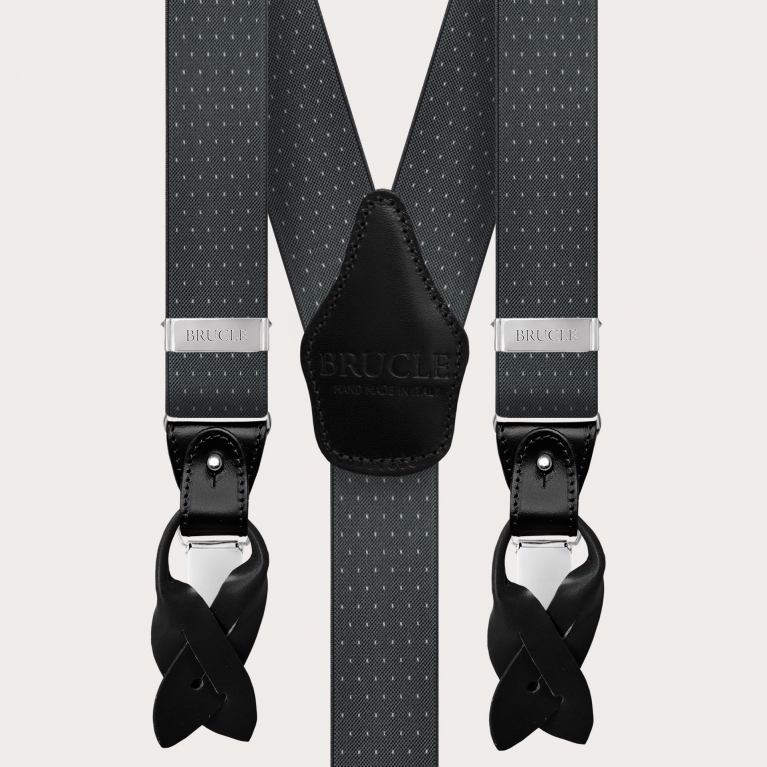 Y-shape grey elastic suspenders with dotted pattern