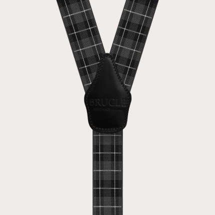 Y-shape elastic suspenders with clips, grey tartan