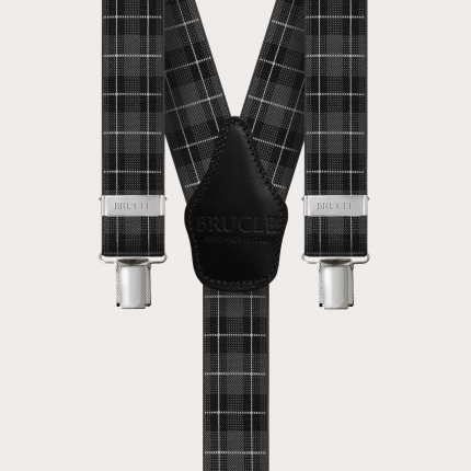 Y-shape elastic suspenders with clips, grey tartan