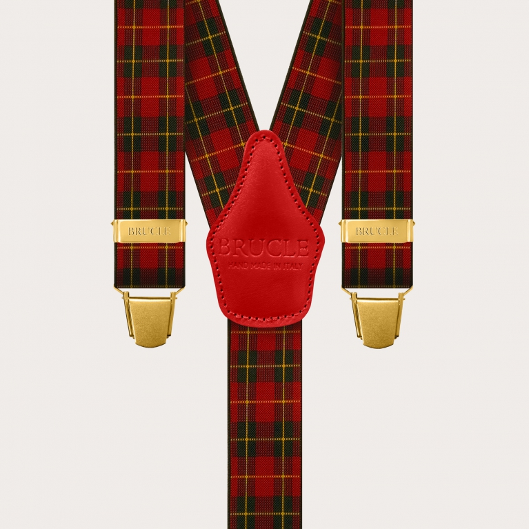 Y-shape elastic suspenders with golden clips, red tartan