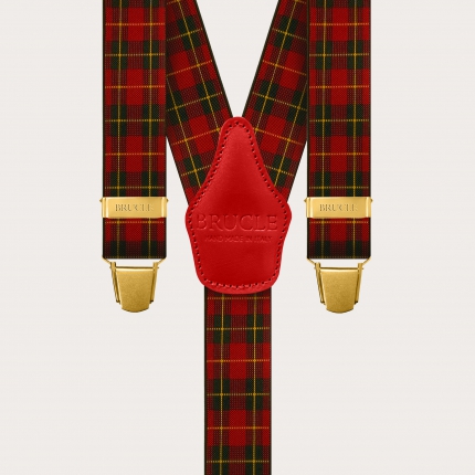 Y-shape elastic suspenders with golden clips, red tartan