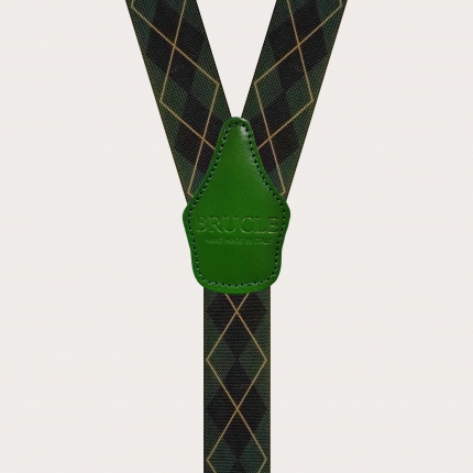 Unisex Y-shaped suspenders with green checked pattern