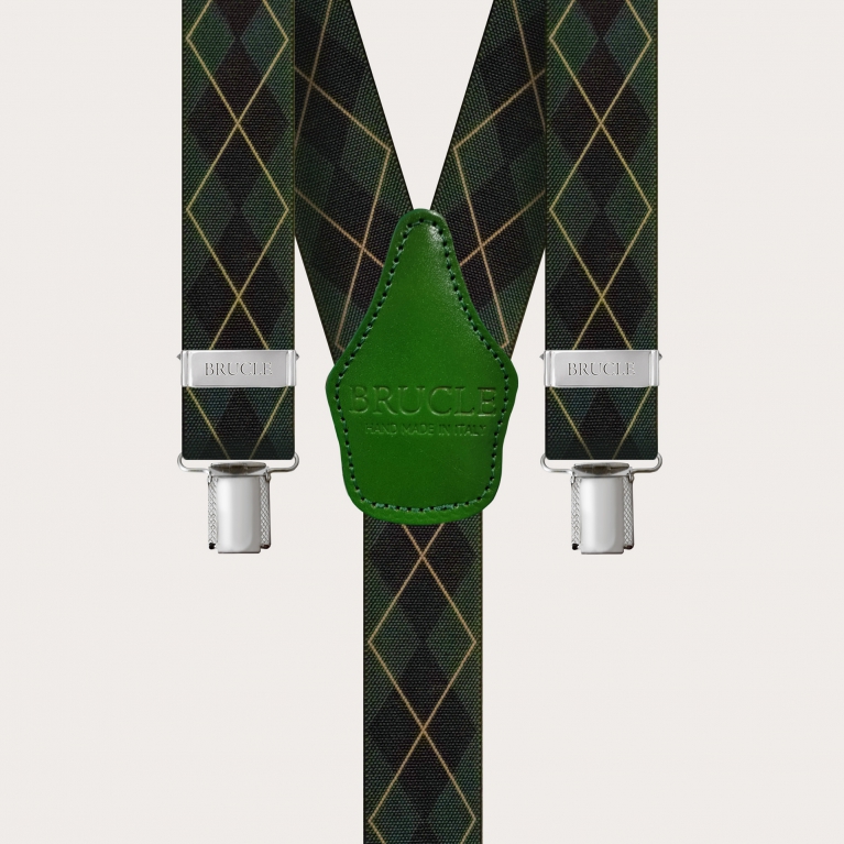 Unisex Y-shaped suspenders with green checked pattern