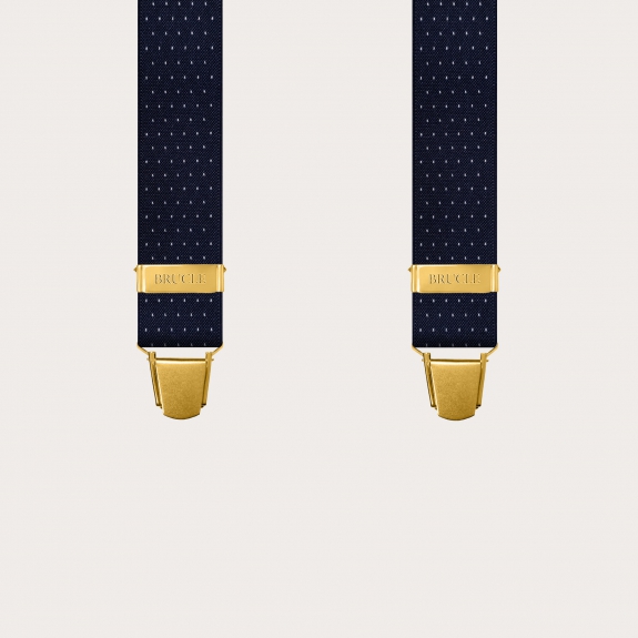Y-shape elastic suspenders with golden clips, dotted dark blue