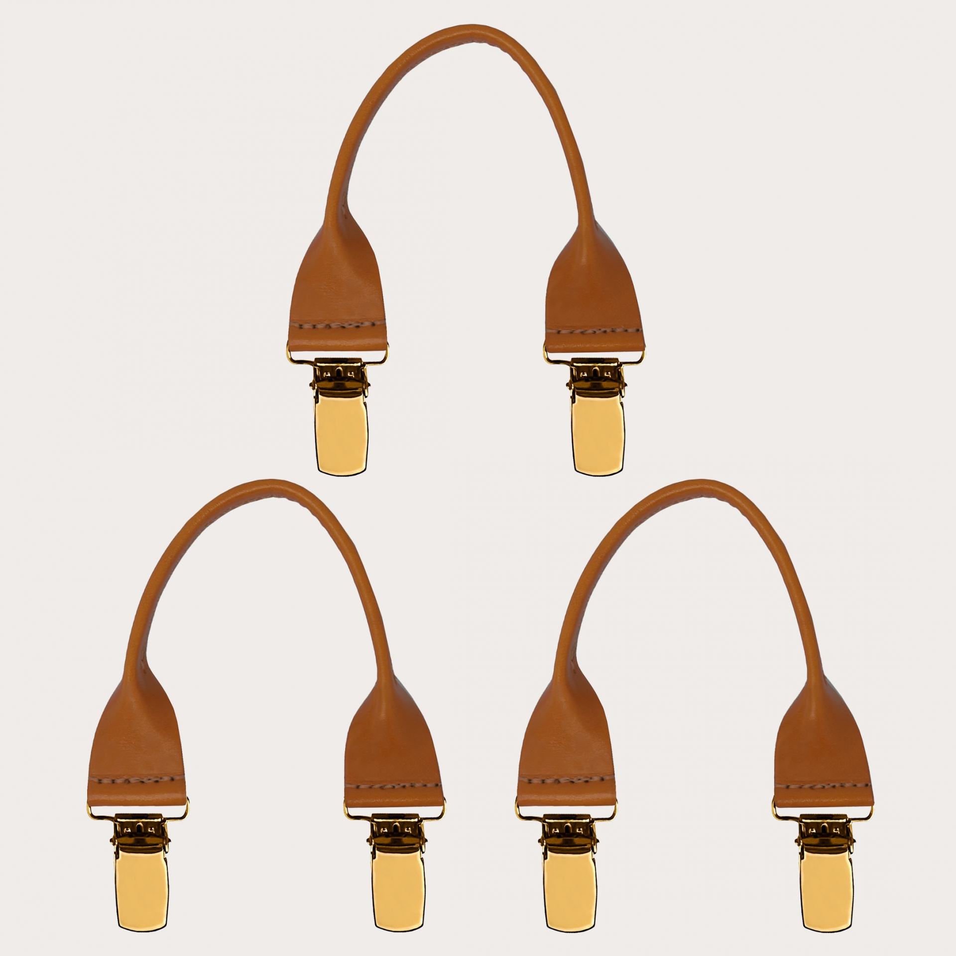 Leather buttonhole braces with gold clips, 3 pieces, tan