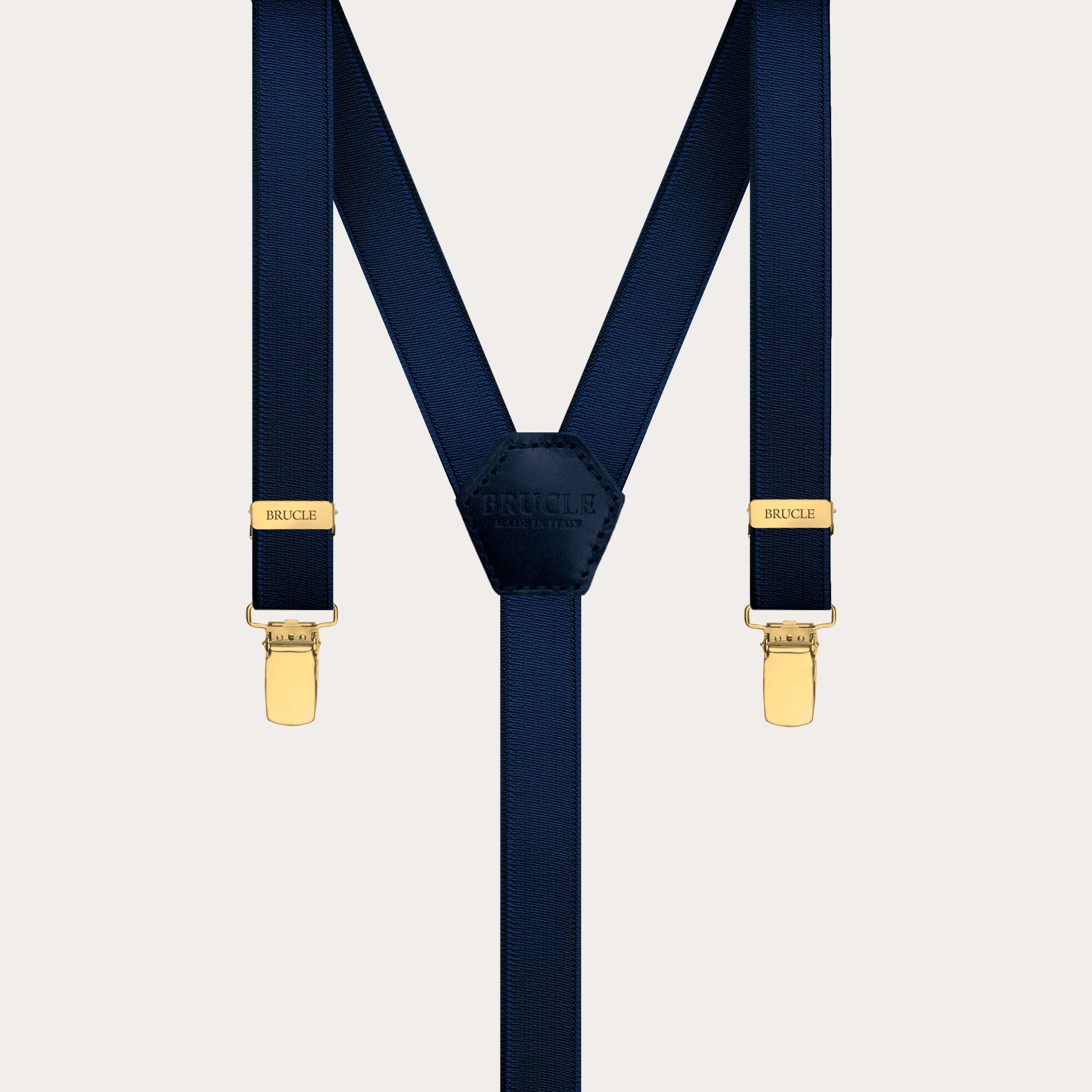 Formal skinny Y-shape elastic suspenders with golden clips, satin blue