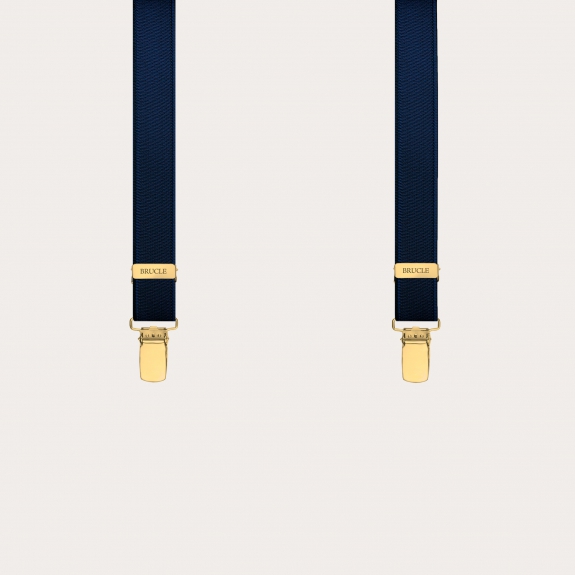 Bretelles fines Y élastiques à clips dorés, bleu satin