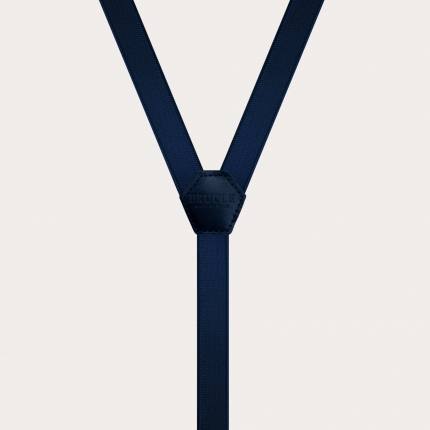 Formal skinny Y-shape elastic suspenders with golden clips, satin blue
