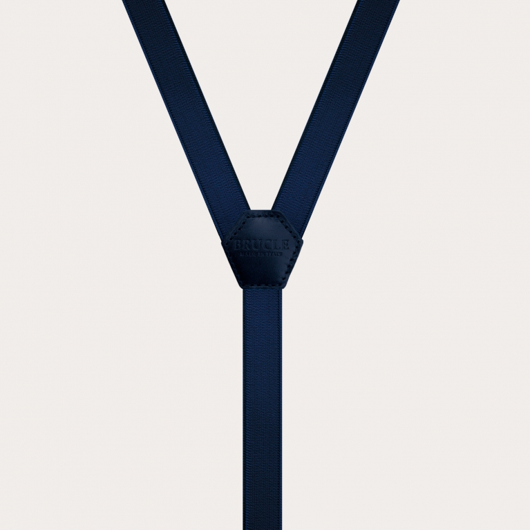 Formal skinny Y-shape elastic suspenders with clips, satin blue navy