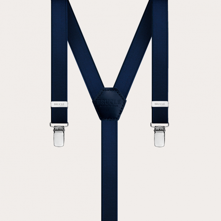 Formal skinny Y-shape elastic suspenders with clips, satin blue navy