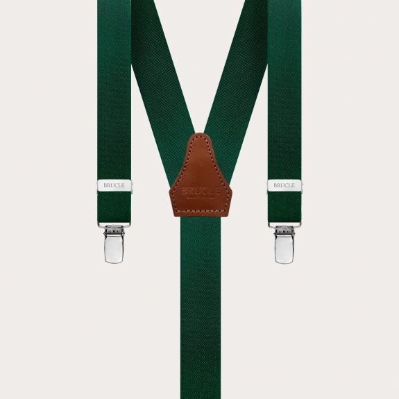 Skinny Y-shape elastic suspenders with clips, dark green with brown connectors