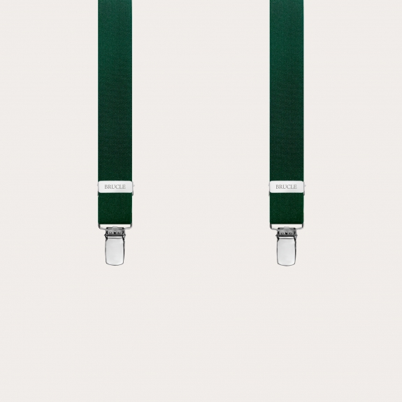 Skinny Y-shape elastic suspenders with clips, dark green with brown connectors