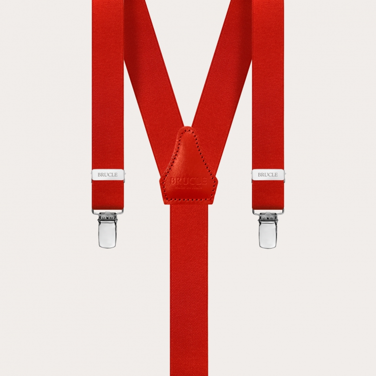 Skinny Y-shape elastic suspenders with clips, red