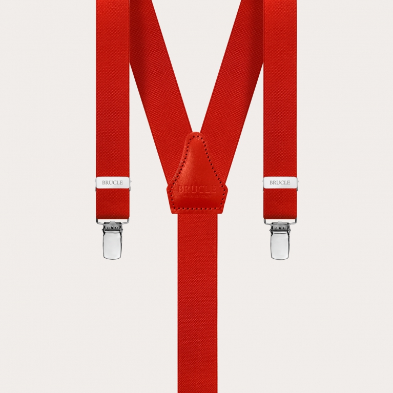 Skinny Y-shape elastic suspenders with clips, red