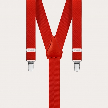 Skinny Y-shape elastic suspenders with clips, red