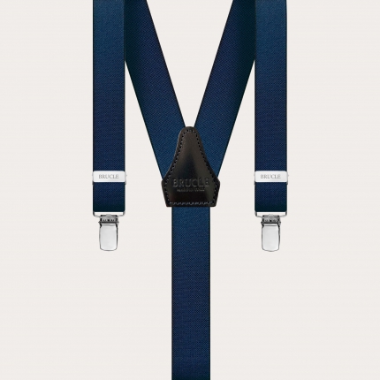 Skinny Y-shape elastic suspenders with clips, dark blue