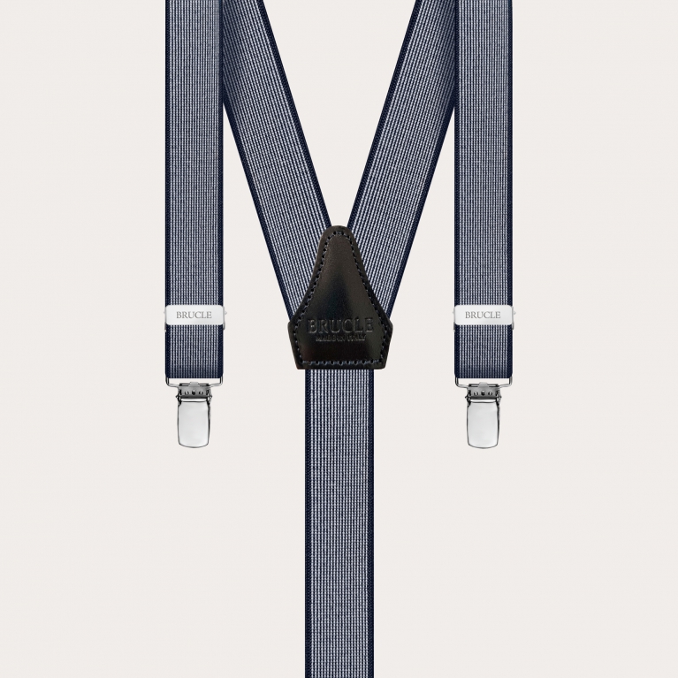 Skinny Y-shape elastic suspenders with clips, blue pattern