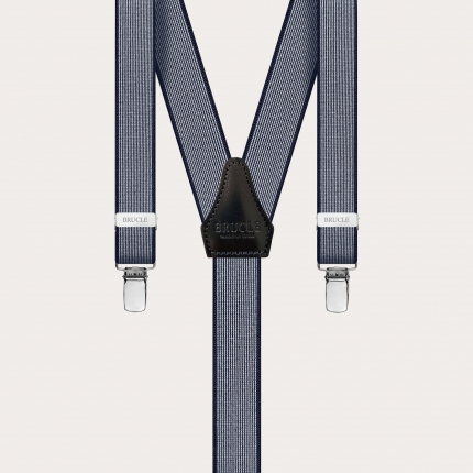 Skinny Y-shape elastic suspenders with clips, blue pattern