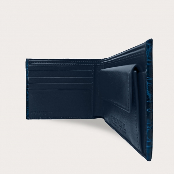Portefeuille compact en crocodile véritable avec porte-monnaie, bleu nuit