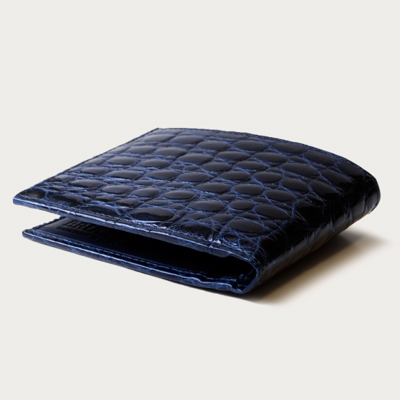 Kompaktes Portemonnaie aus echtem Krokodil mit Münzfach, nachtblau