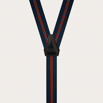 Skinny Y-shape elastic suspenders with clips, blue regimental
