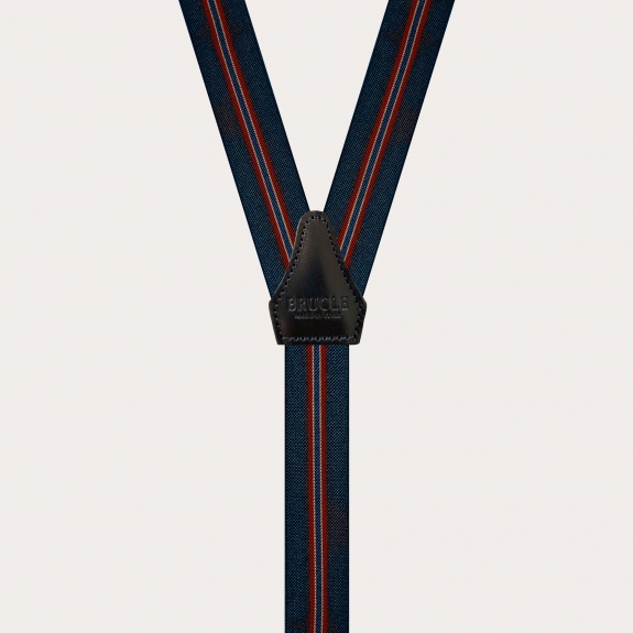 Skinny Y-shape elastic suspenders with clips, blue regimental