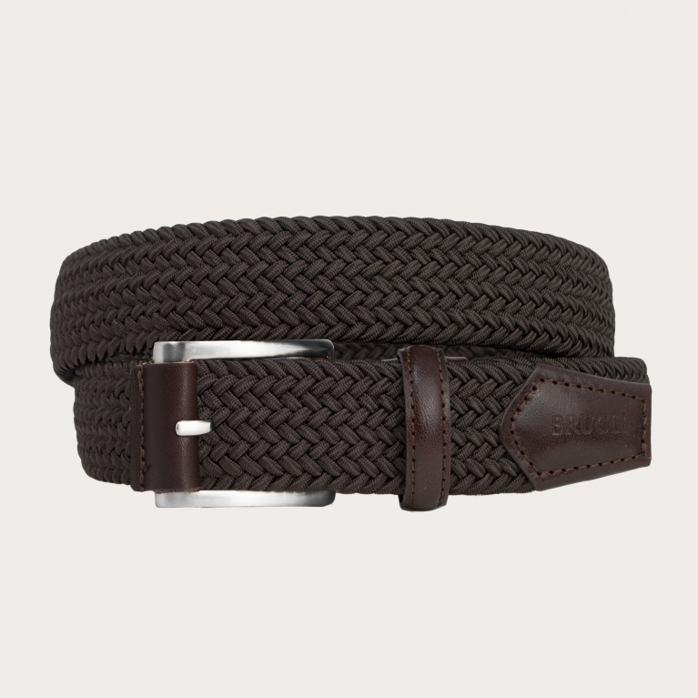 Ceinture élastique tressée marron foncé avec détails en cuir