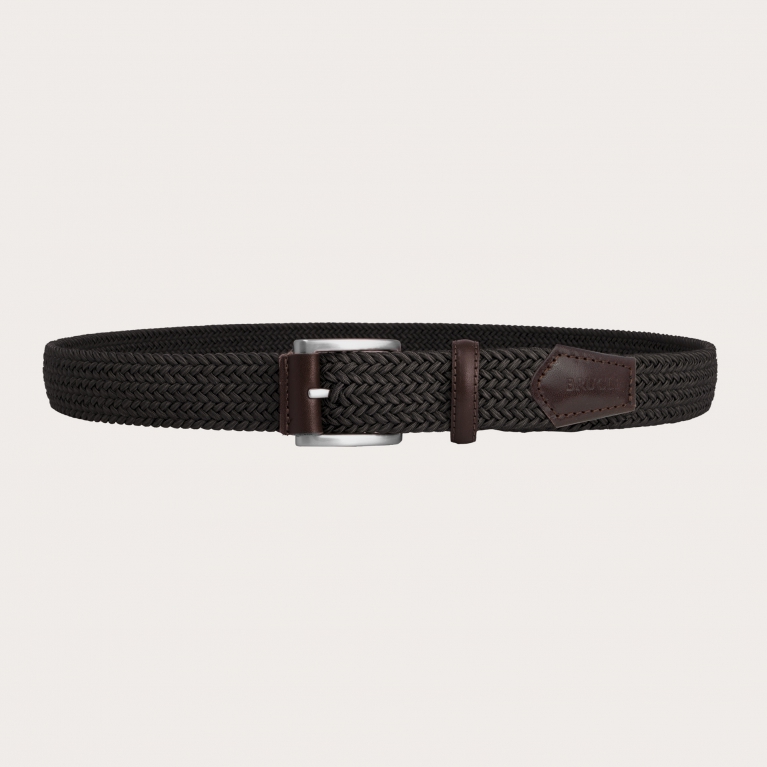 Ceinture élastique tressée marron foncé avec détails en cuir