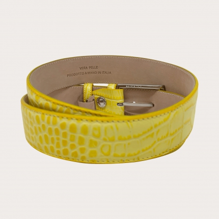 Yellow crocodile print genuine leather belt