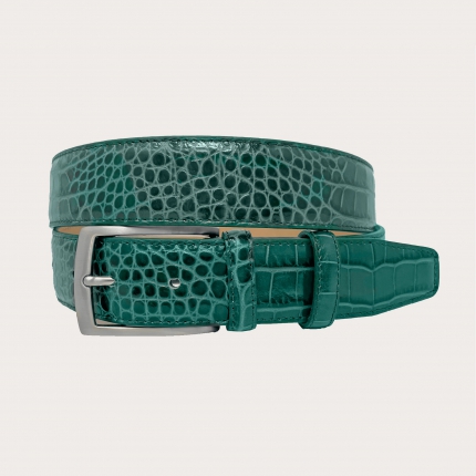 Genuine leather belt in crocodile print, green
