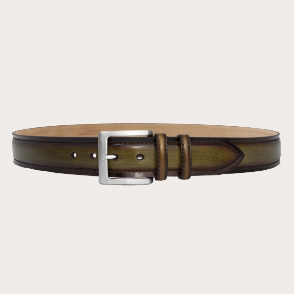 Green brown hand painted leather belt, made in italy