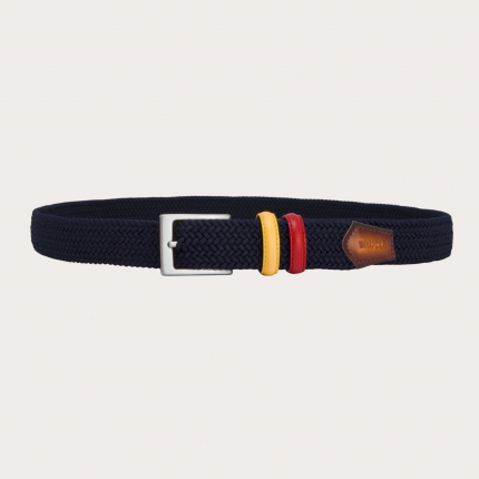Braided blue navy elastic belt with hand-buffered two-tone leather parts
