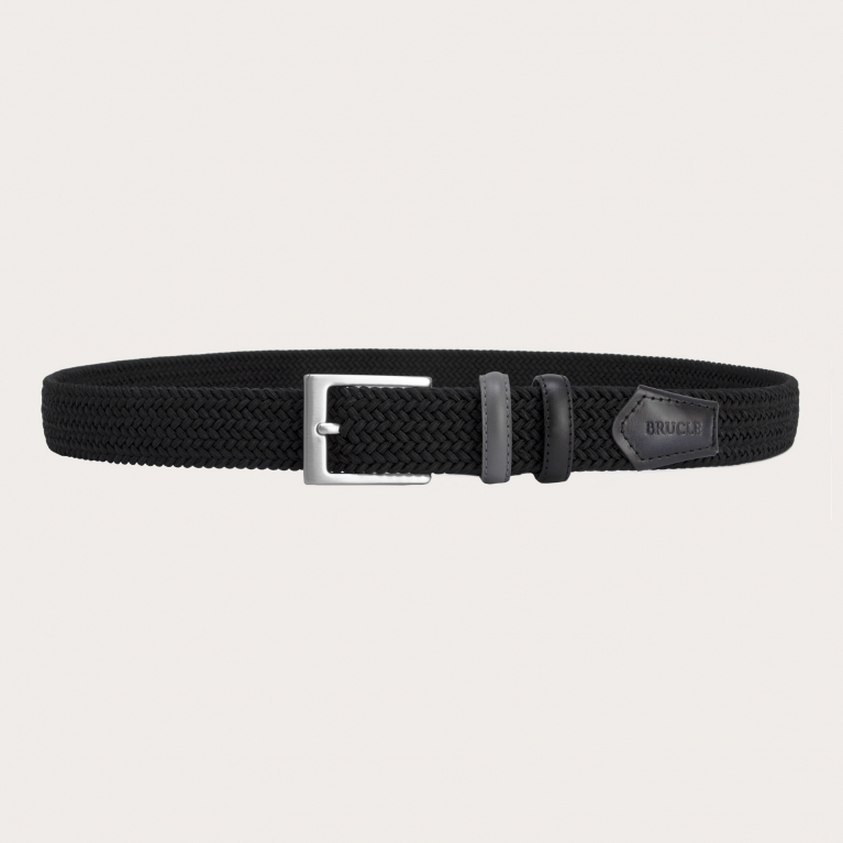 Braided black elastic belt with hand-buffered two-tone leather parts