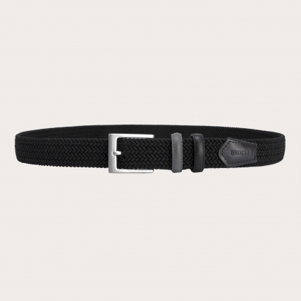 Cinturón elástico trenzado negro con partes de piel bicolor tamponada a mano