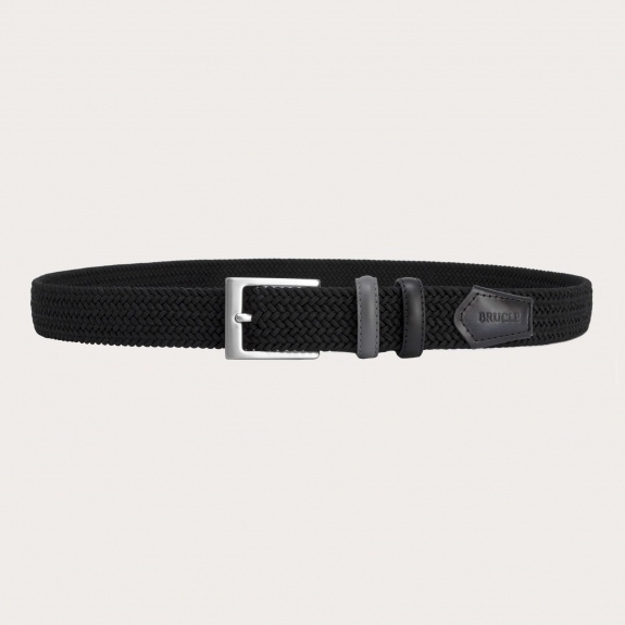 BRUCLE Cinturón elástico trenzado con partes de piel bicolor tamponada a mano, negro