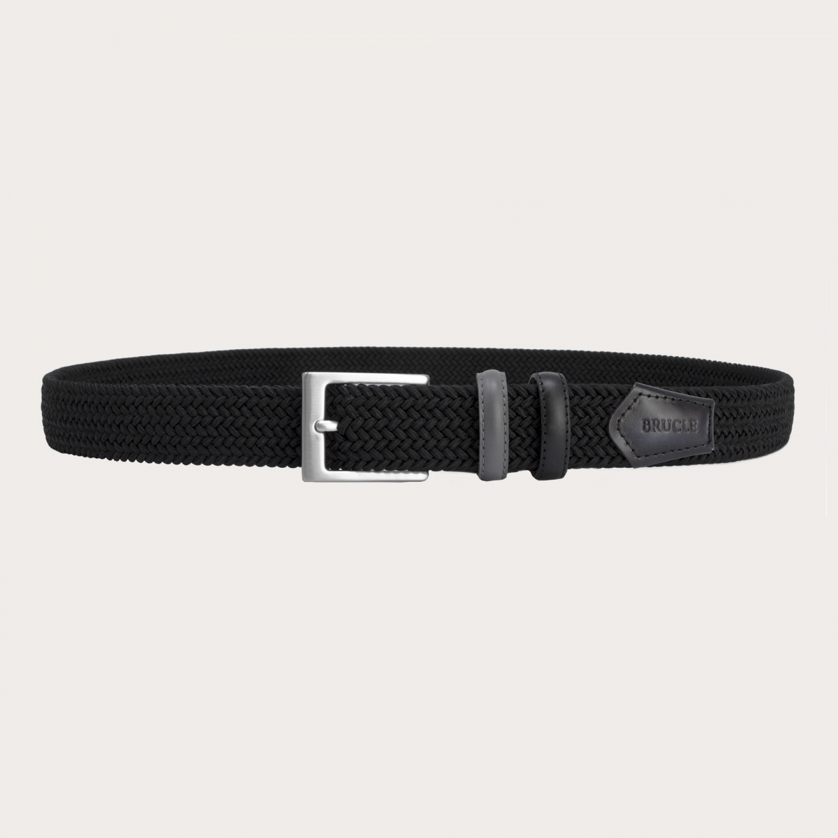 BRUCLE Braided black elastic belt with hand-buffered two-tone leather parts