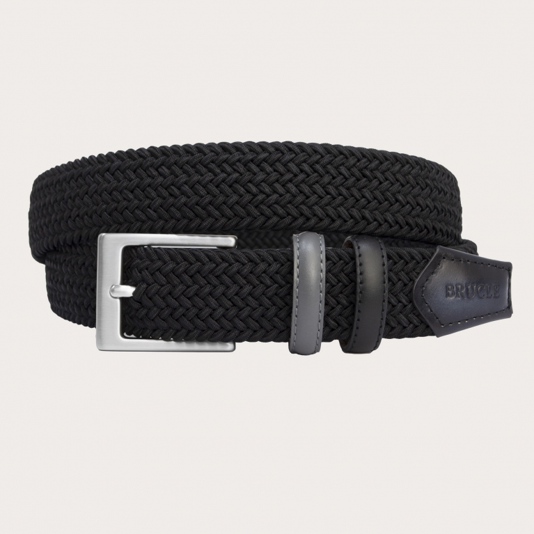 Braided black elastic belt with hand-buffered two-tone leather parts