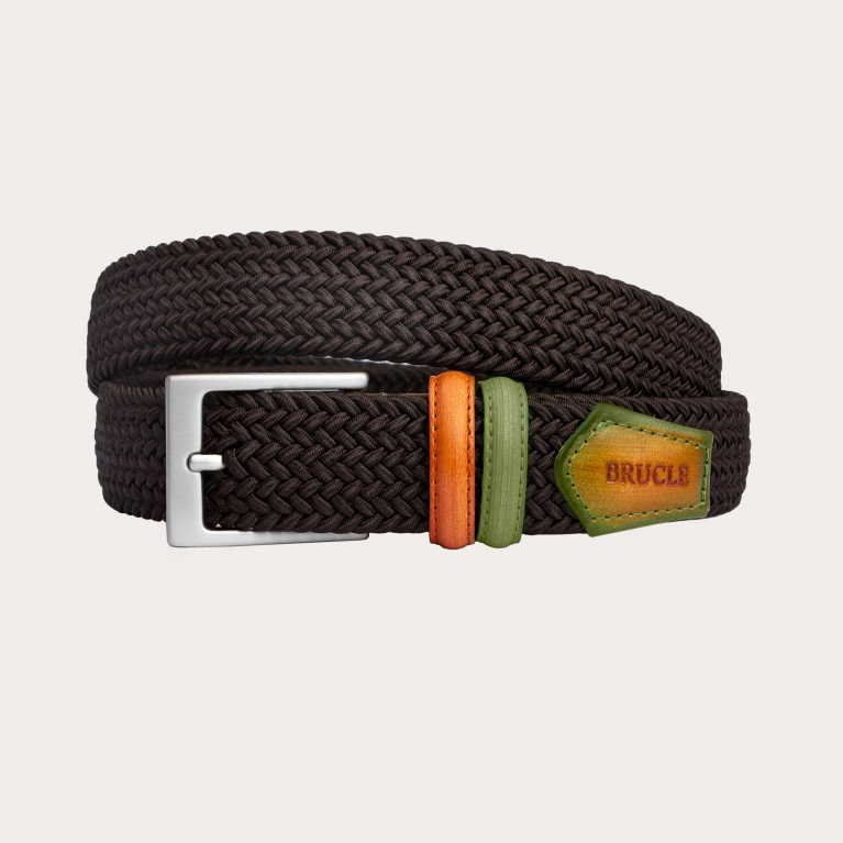Braided brown elastic belt with hand-buffered two-tone leather parts