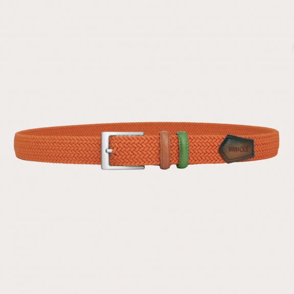 BRUCLE Braided orange elastic belt with hand-buffered two-tone leather parts